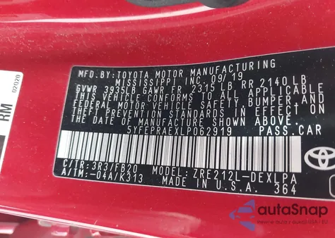 2020 Toyota Corolla Le z USA, uszkodzony, nr VIN 5YFEPRAEXLP062919